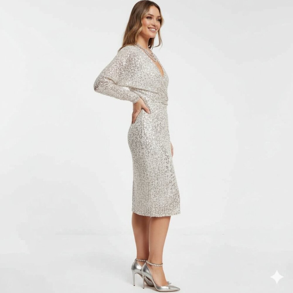 Nwt ASOS DESIGN Gold Scatter Sequin Batwing Sleeve Wrap Midi Dress Size 10 - Picture 2 of 14